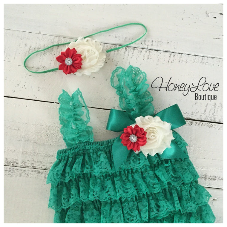 Lace Petti Romper - Embellished Christmas Green with matching headband - HoneyLoveBoutique
