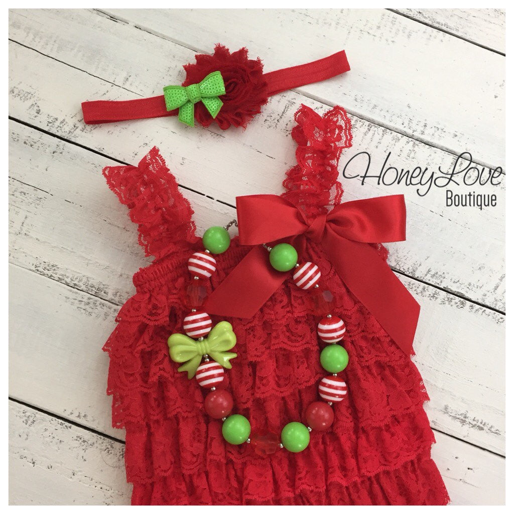 Christmas Red Lace Petti Romper and optional necklace - HoneyLoveBoutique