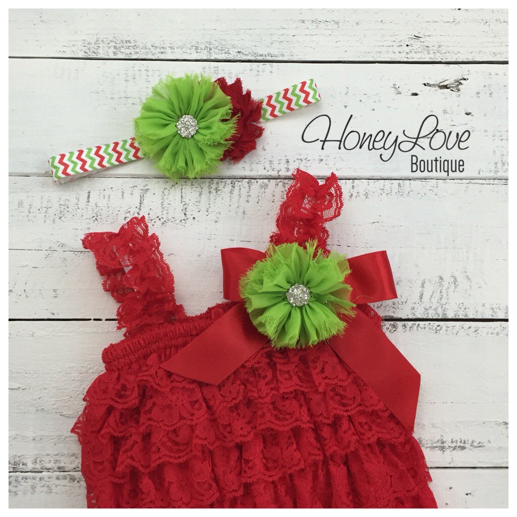 Lace Petti Romper - Embellished Christmas Red Lace Petti Romper and matching headband - HoneyLoveBoutique