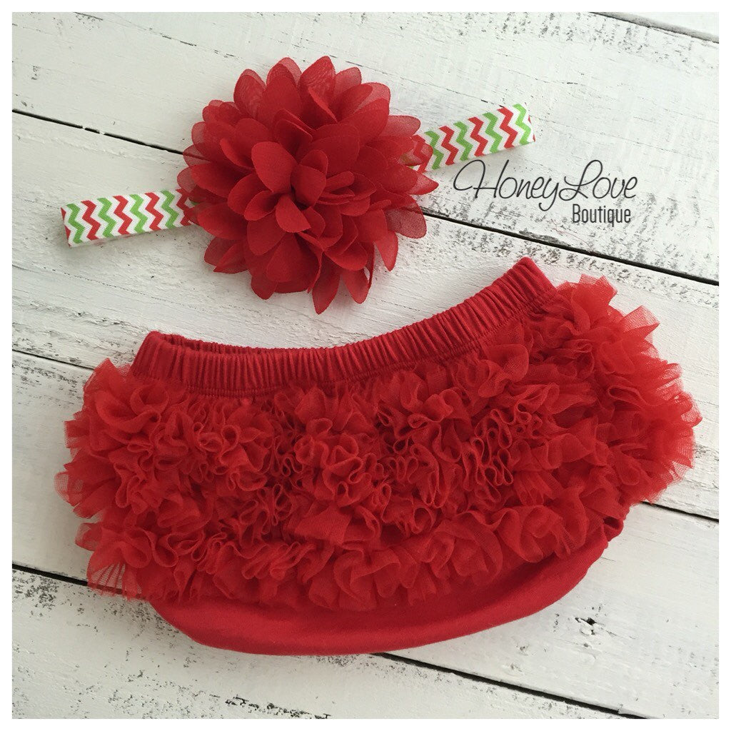 Red Ruffle Bloomer and matching flower headband  - choose elastic style! - HoneyLoveBoutique