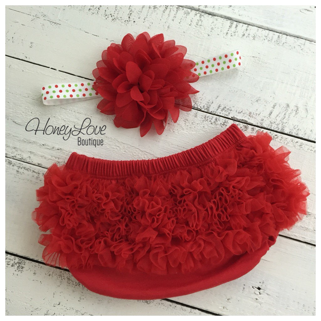 Red Ruffle Bloomer and matching flower headband  - choose elastic style! - HoneyLoveBoutique