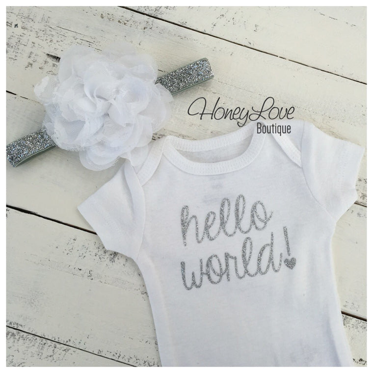 Hello World! Silver glitter bodysuit and headband set - HoneyLoveBoutique