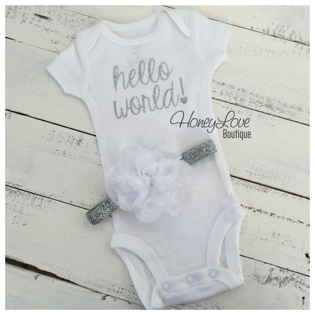 Hello World! Silver glitter bodysuit and headband set - HoneyLoveBoutique