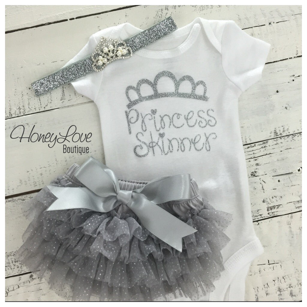 Personalized Princess name outfit - Silver Glitter and Gray/Silver Glitter tutu skirt bloomers - HoneyLoveBoutique