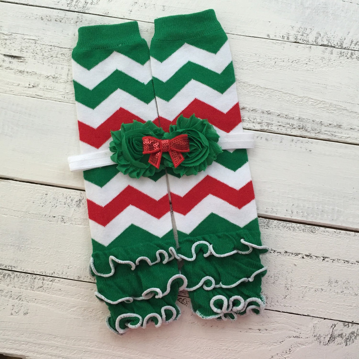 Red Green White Chevron leg warmers and optional headband - HoneyLoveBoutique