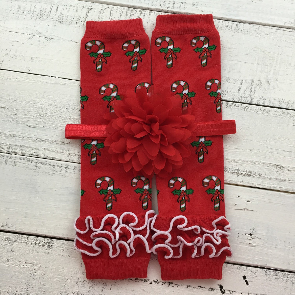 Red Candy Cane leg warmers and your choice of headband - HoneyLoveBoutique