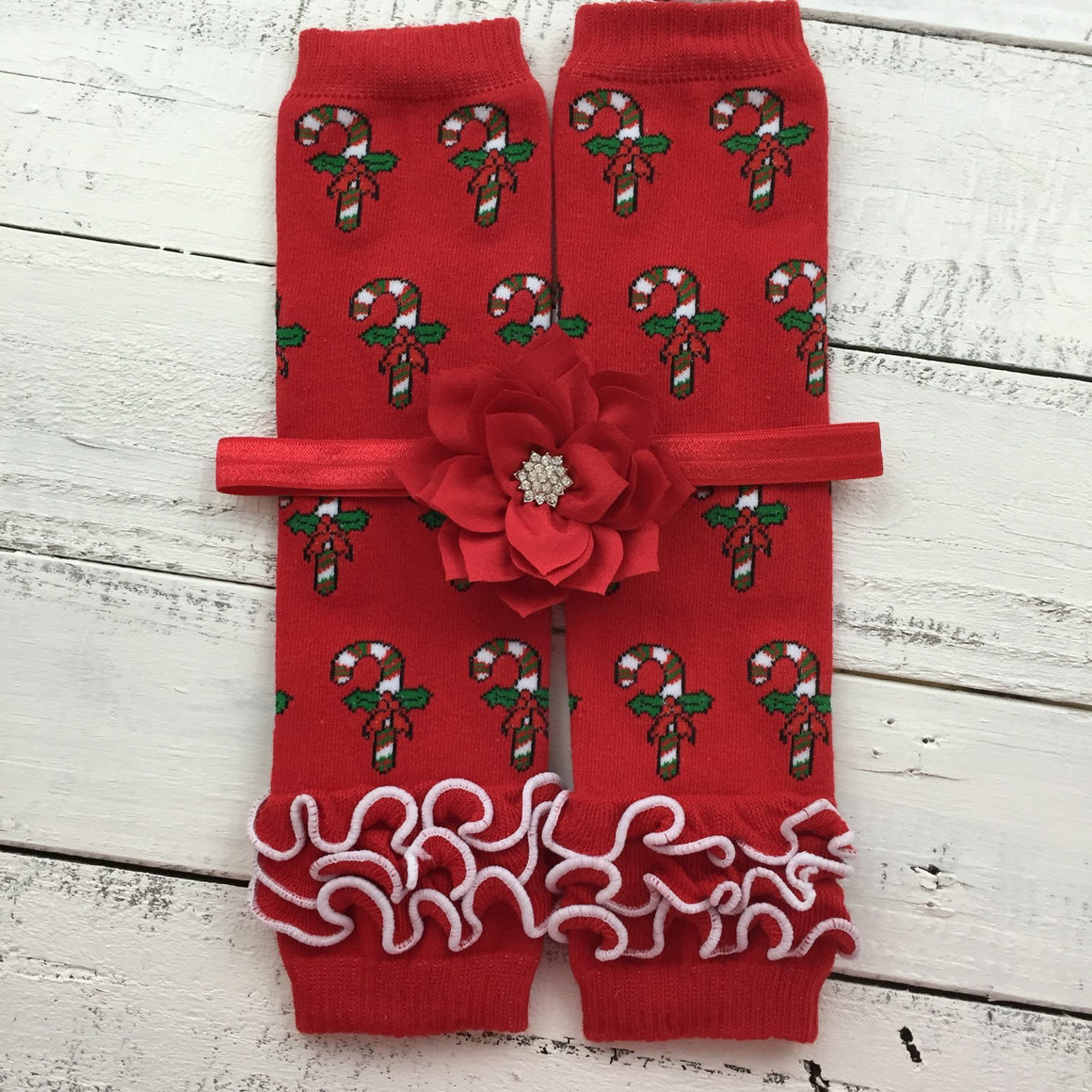 Red Candy Cane leg warmers and your choice of headband - HoneyLoveBoutique