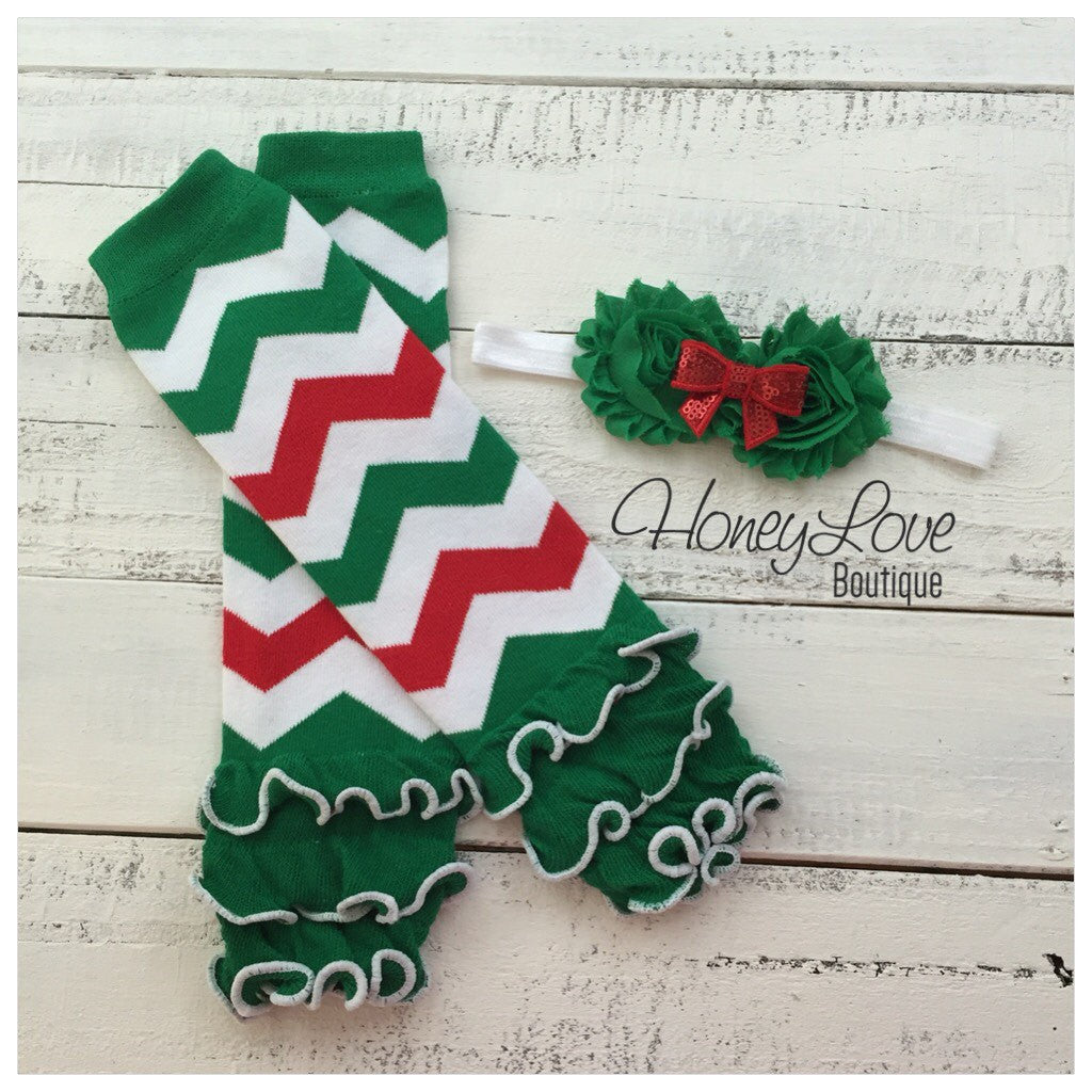 Red Green White Chevron leg warmers and optional headband - HoneyLoveBoutique