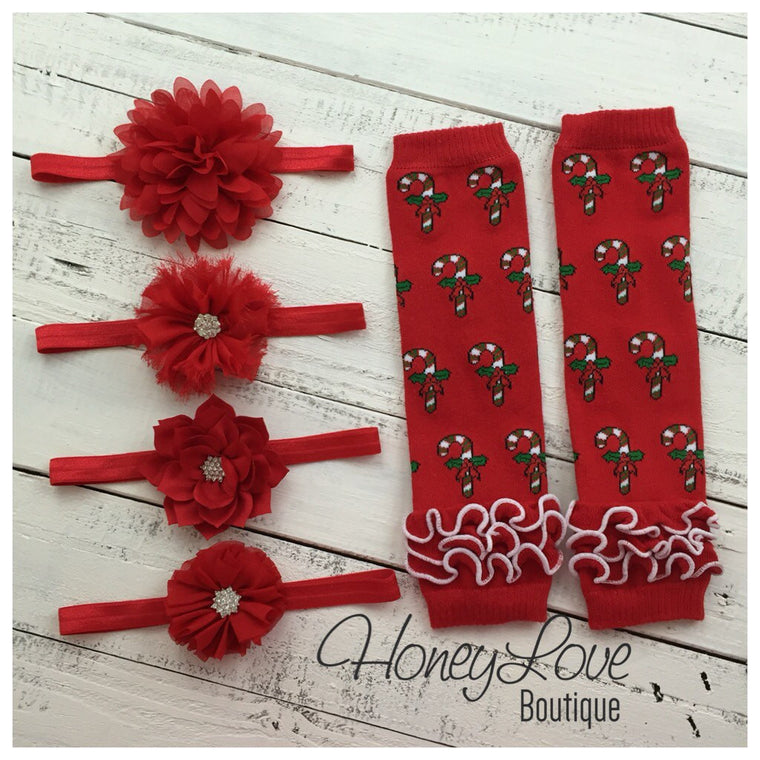 Red Candy Cane leg warmers and your choice of headband - HoneyLoveBoutique