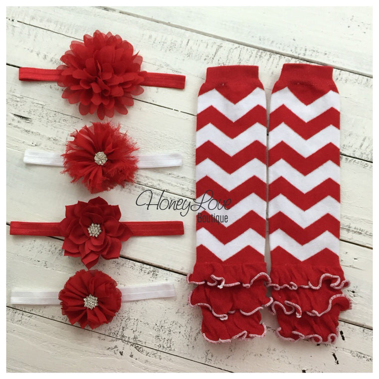 Red White Chevron Leg Warmers and red headband - HoneyLoveBoutique