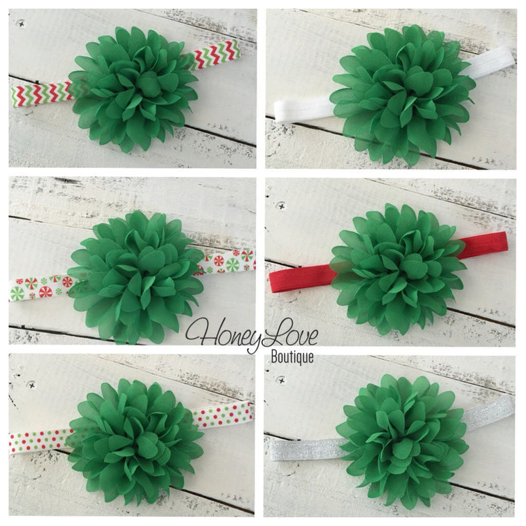 Christmas Green flower headband  - choose elastic! - HoneyLoveBoutique