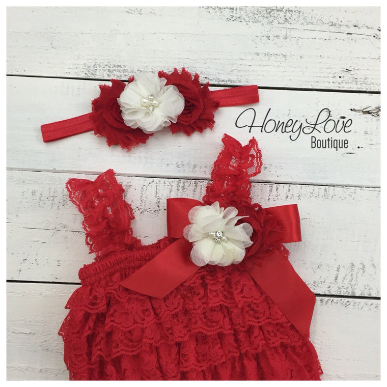 Lace Petti Romper - Embellished Christmas Red Lace Petti Romper and matching red/ivory headband - HoneyLoveBoutique