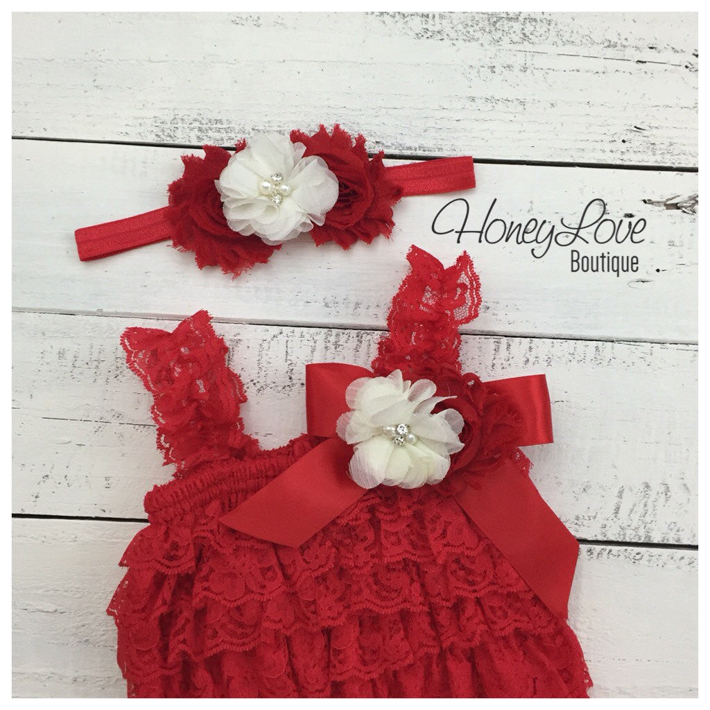 Lace Petti Romper - Embellished Christmas Red Lace Petti Romper and matching red/ivory headband - HoneyLoveBoutique