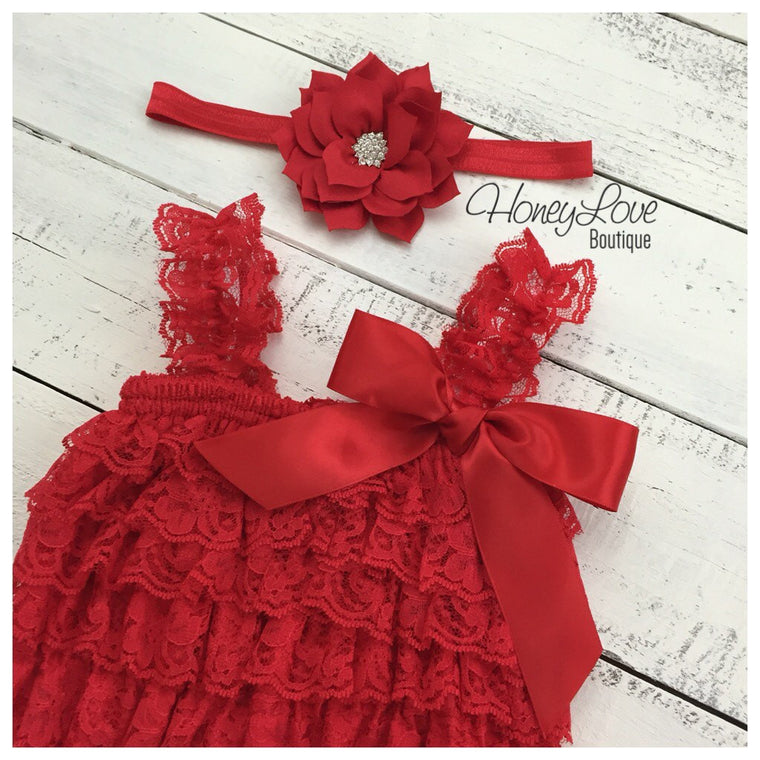 Lace Romper - Christmas Red Lace Petti Romper and matching poinsettia headband - HoneyLoveBoutique