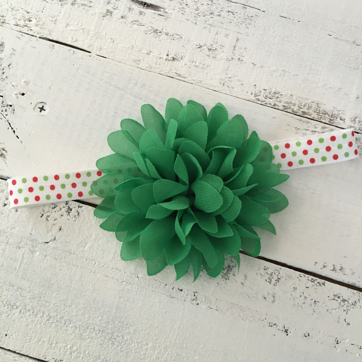 Christmas Green flower headband  - choose elastic! - HoneyLoveBoutique