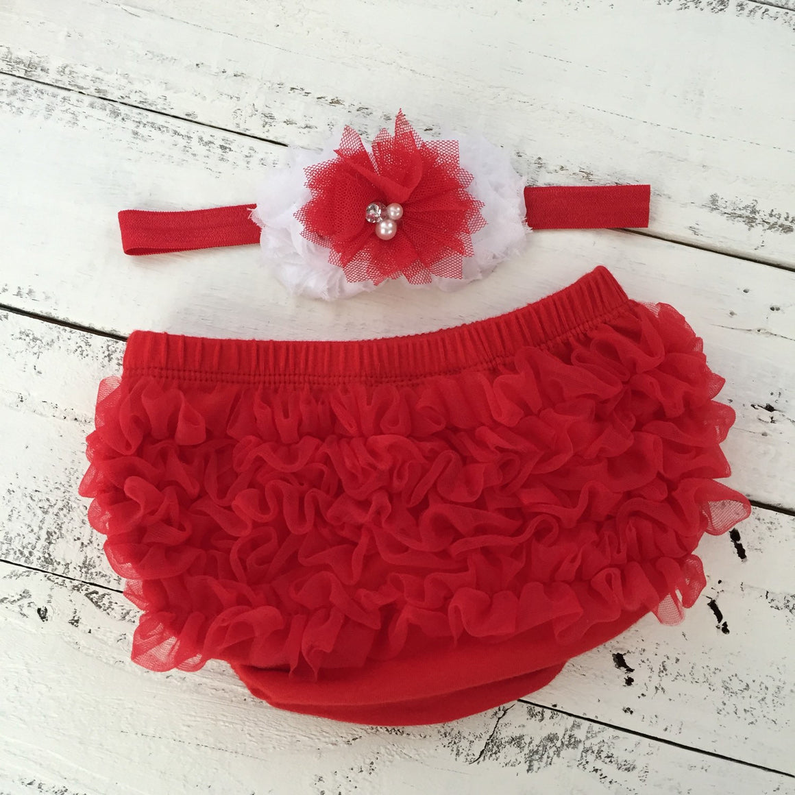 Red/White Chevron leg warmers, matching headband bow, ruffle bottom bloomers - HoneyLoveBoutique