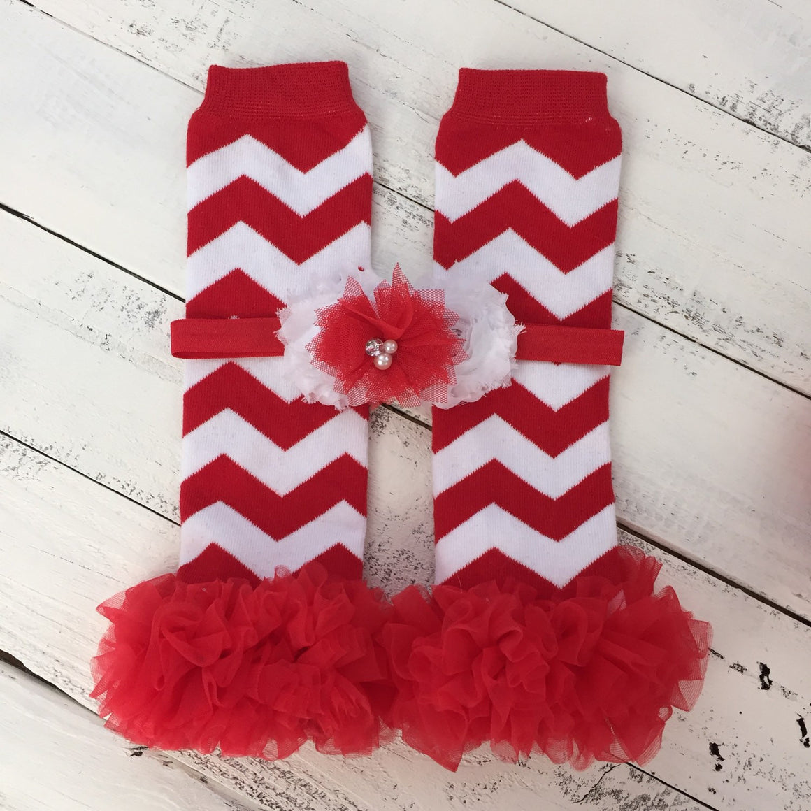 Red/White Chevron leg warmers, matching headband bow, ruffle bottom bloomers - HoneyLoveBoutique