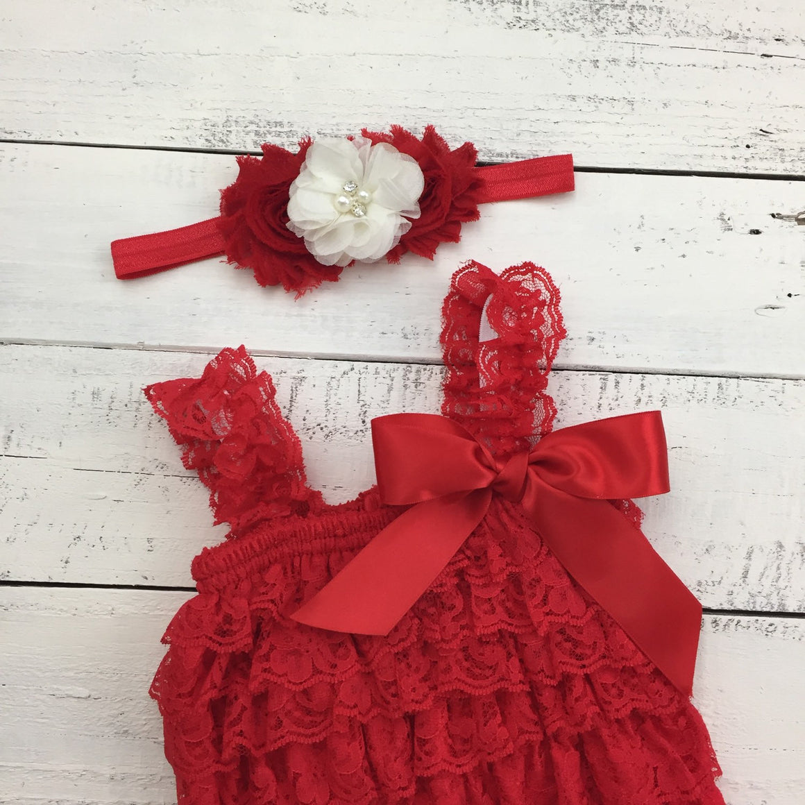 Lace Petti Romper - Embellished Christmas Red Lace Petti Romper and matching red/ivory headband - HoneyLoveBoutique