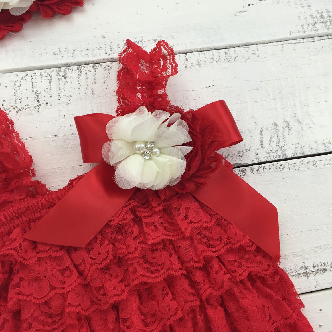 Lace Petti Romper - Embellished Christmas Red Lace Petti Romper and matching red/ivory headband - HoneyLoveBoutique