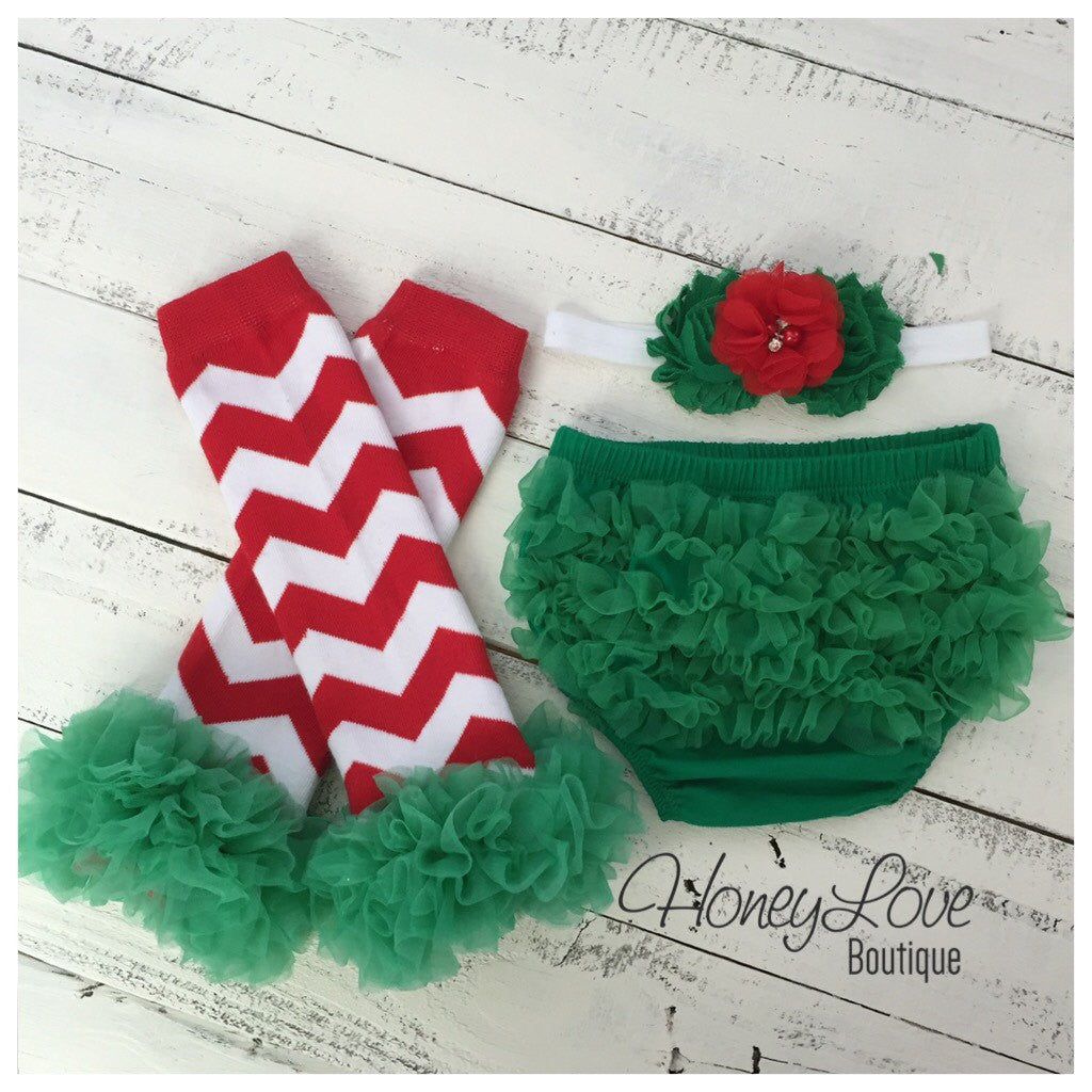 Red/White/Green Chevron leg warmers, matching headband, green ruffle bottom bloomers - HoneyLoveBoutique