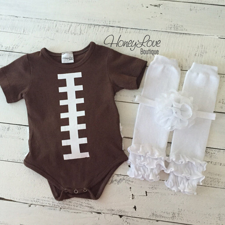 Ruffle Bottom Football bodysuit and optional headband and leg warmers - HoneyLoveBoutique