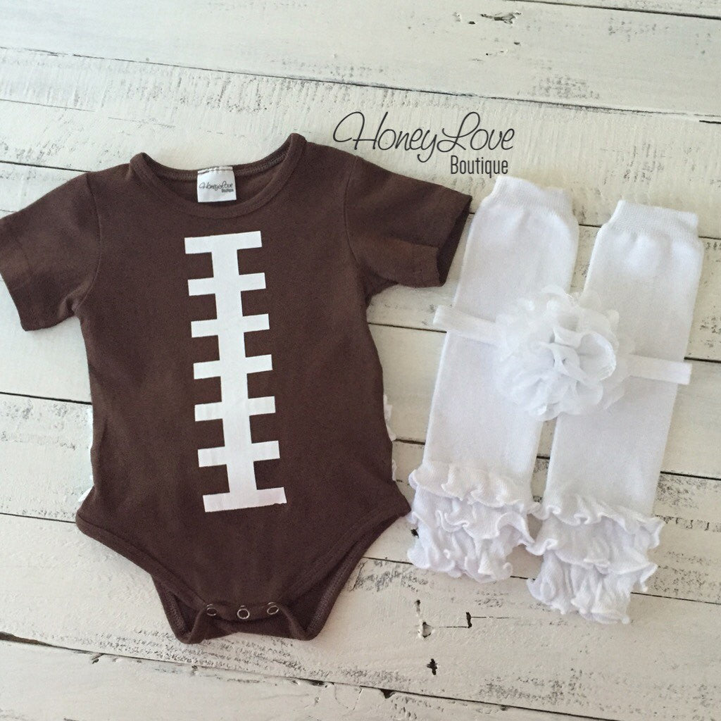 Ruffle Bottom Football bodysuit and optional headband and leg warmers - HoneyLoveBoutique