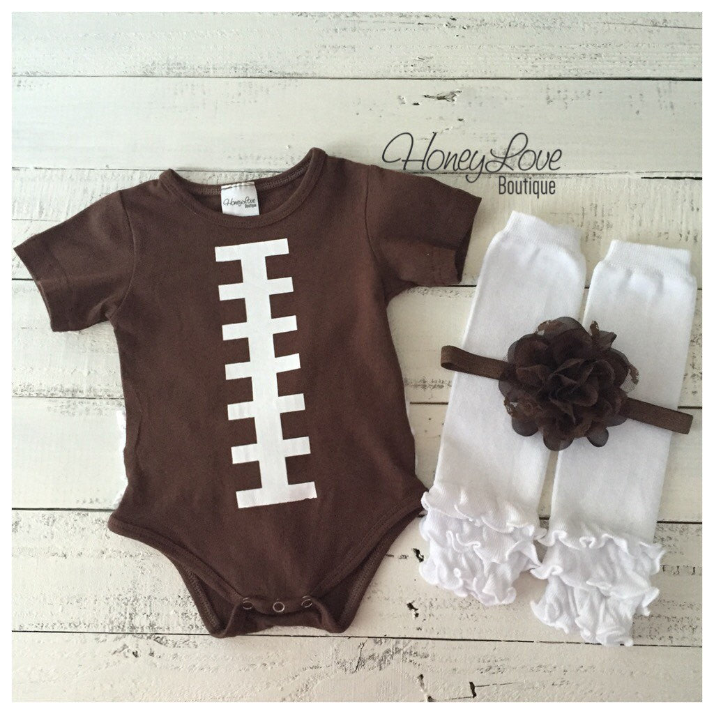 Ruffle Bottom Football bodysuit  - optional headband and leg warmers - HoneyLoveBoutique