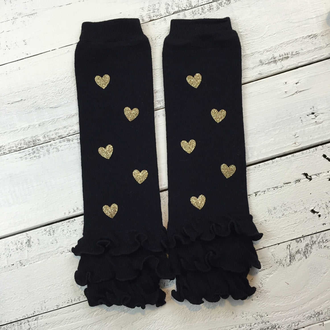 Black Leg Warmers with Gold Glitter Hearts and matching headband - HoneyLoveBoutique