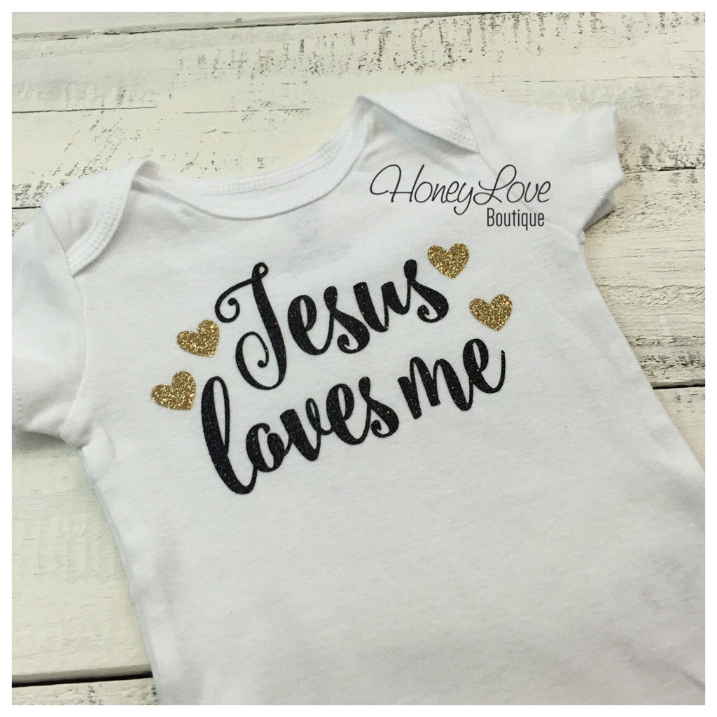 Jesus loves me - Black and Gold Glitter bodysuit - HoneyLoveBoutique