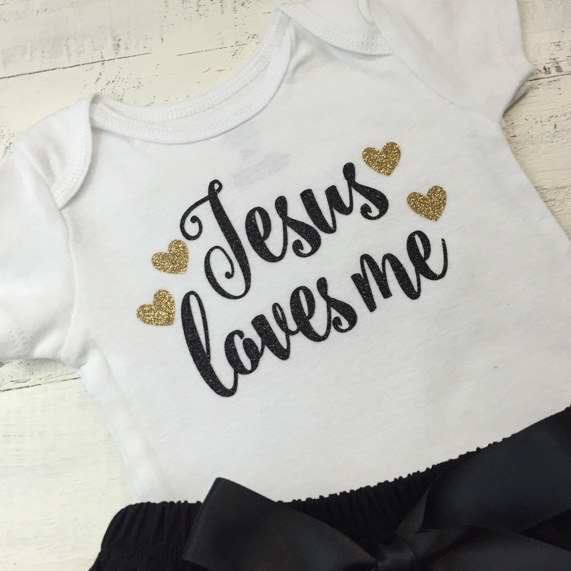 Jesus loves me - Black and Gold Glitter bodysuit - HoneyLoveBoutique