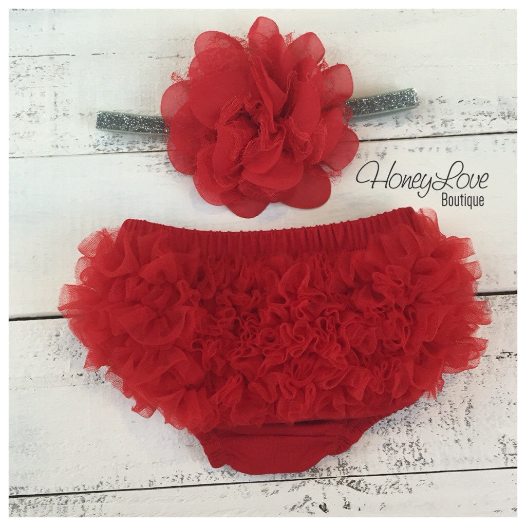 Red ruffle bottom bloomers and Silver/Gold flower headband - HoneyLoveBoutique