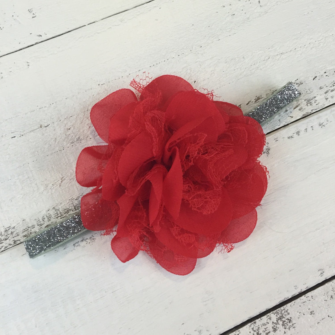 Red chiffon/lace layered flower and Silver/Gold glitter band - HoneyLoveBoutique