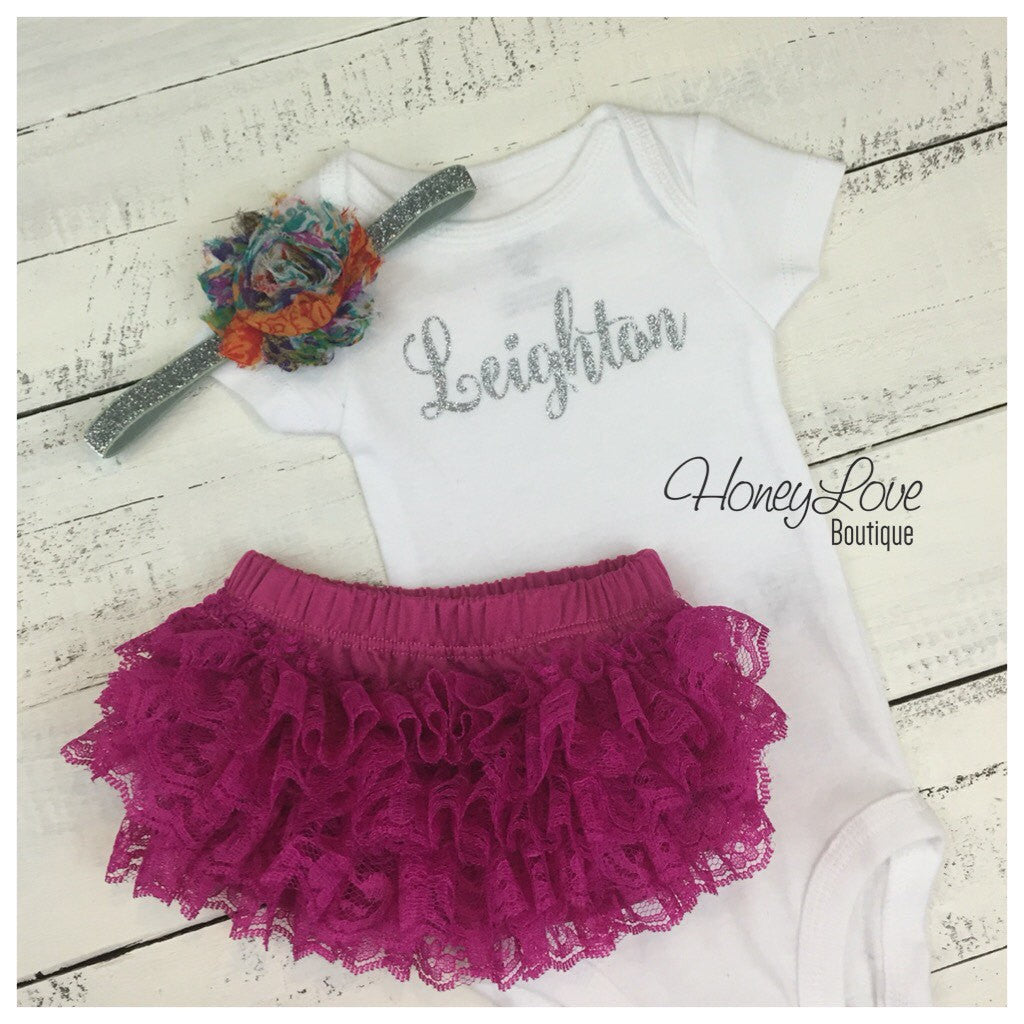 Personalized name outfit - Silver/Gold glitter and plum lace bloomers - HoneyLoveBoutique