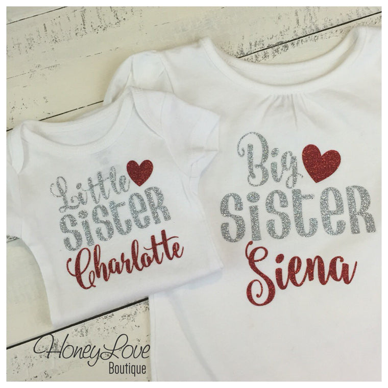 PERSONALIZED Sister Bodysuits and Shirts - Silver and Red Glitter - HoneyLoveBoutique