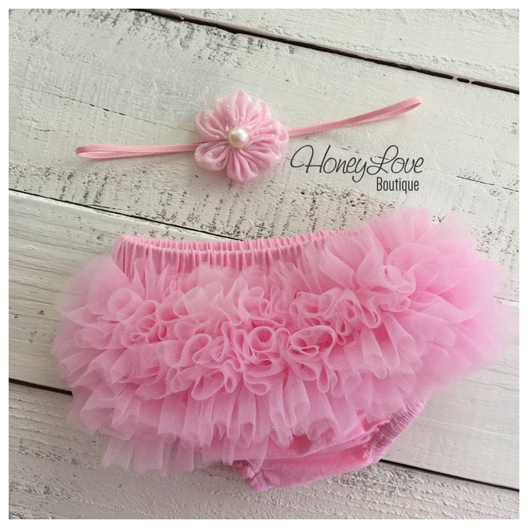 Light Pink ruffle bottom bloomers and polka dot flower skinny headband - HoneyLoveBoutique