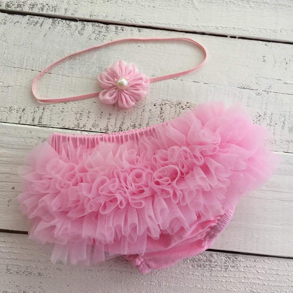 Light Pink ruffle bottom bloomers and polka dot flower skinny headband - HoneyLoveBoutique