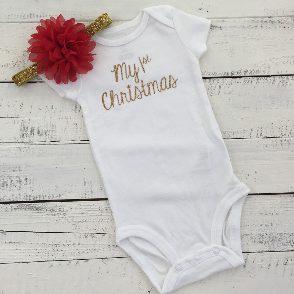 My 1st Christmas SILVER or GOLD bodysuit and headband Set - HoneyLoveBoutique