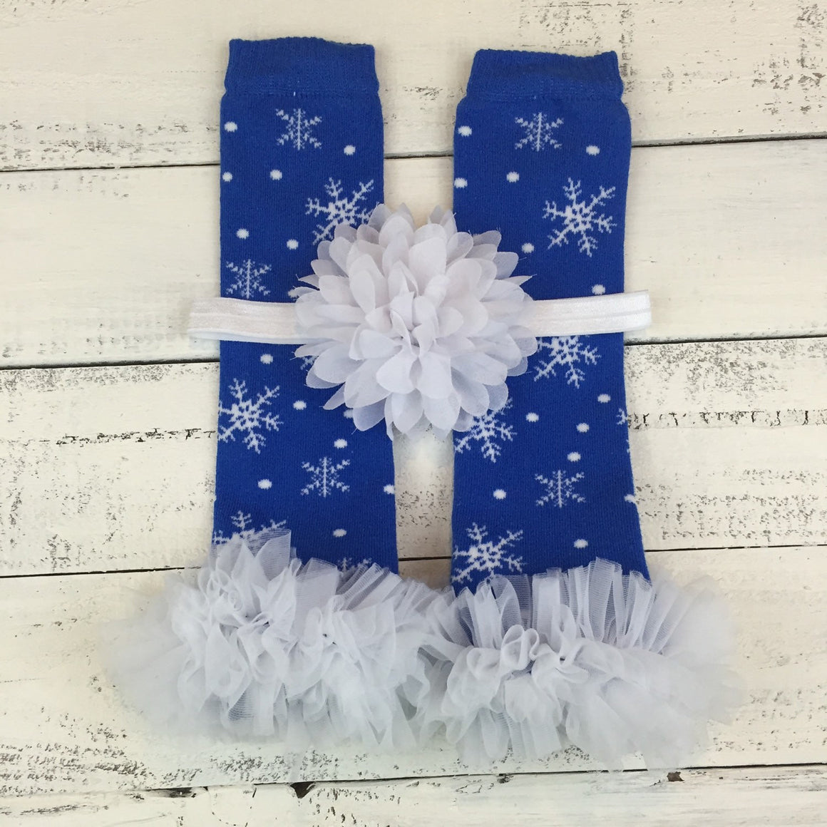 Leg Warmers - Blue Snowflakes, matching flower headband and bloomers - HoneyLoveBoutique