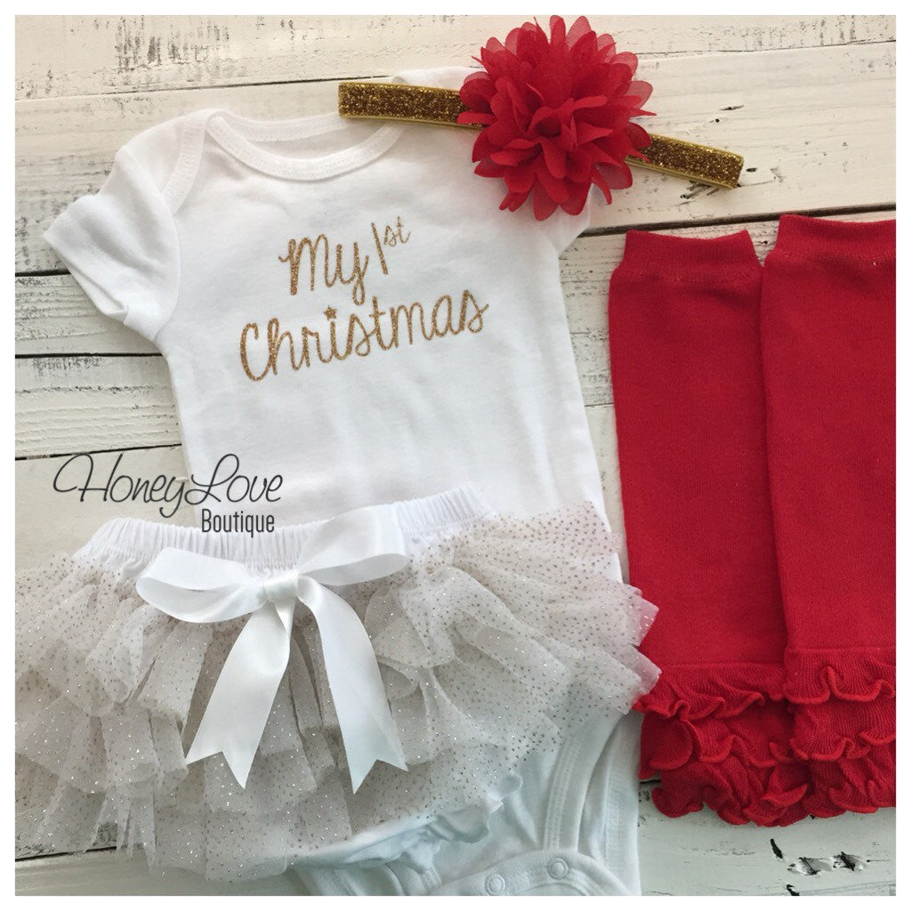 My 1st Christmas 4 piece Set - White, Gold and Red - HoneyLoveBoutique