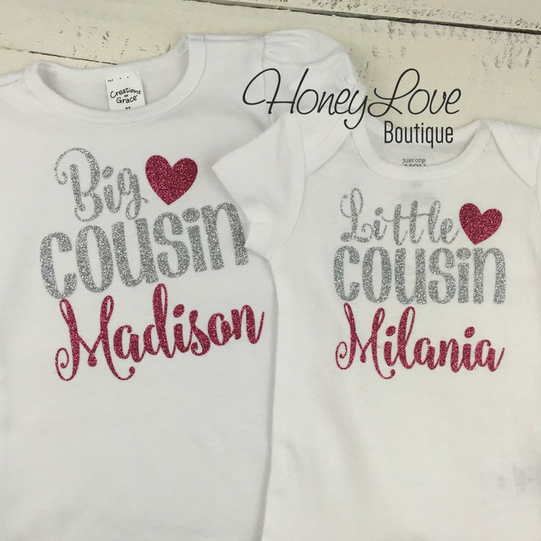 PERSONALIZED Cousin Bodysuits and Shirts - Silver Glitter and Dark Pink Glitter - HoneyLoveBoutique