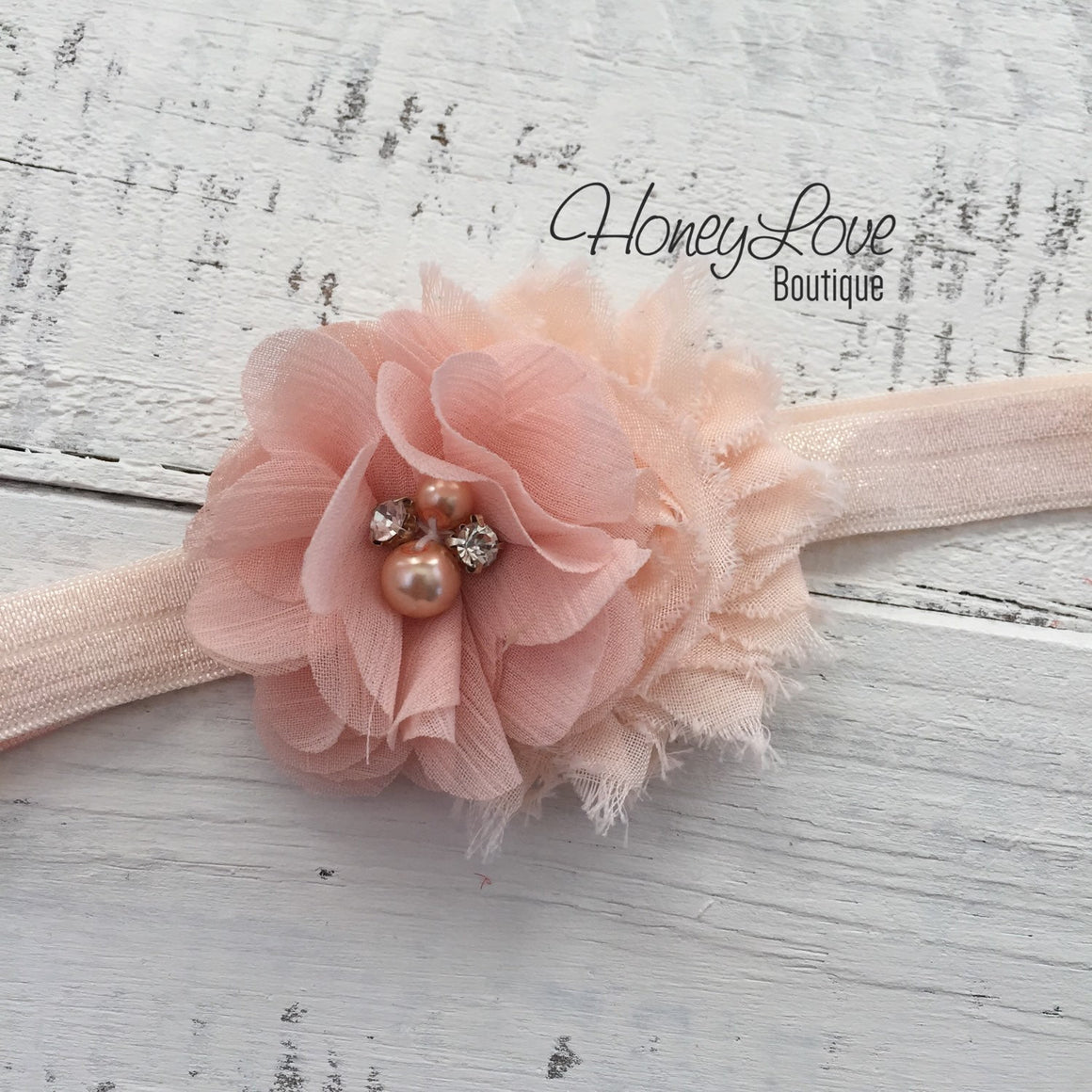 Peach shabby chiffon flower and rhinestone/pearl headband - HoneyLoveBoutique