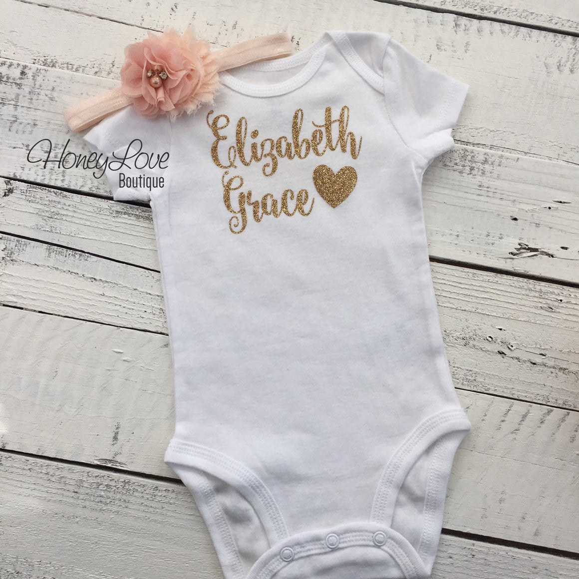 PERSONALIZED Name Outfit - Peach and Gold Glitter - embellished bloomer - HoneyLoveBoutique