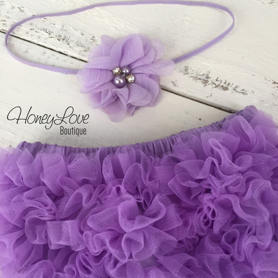 Lavender Purple ruffle bottom bloomer and skinny headband - HoneyLoveBoutique