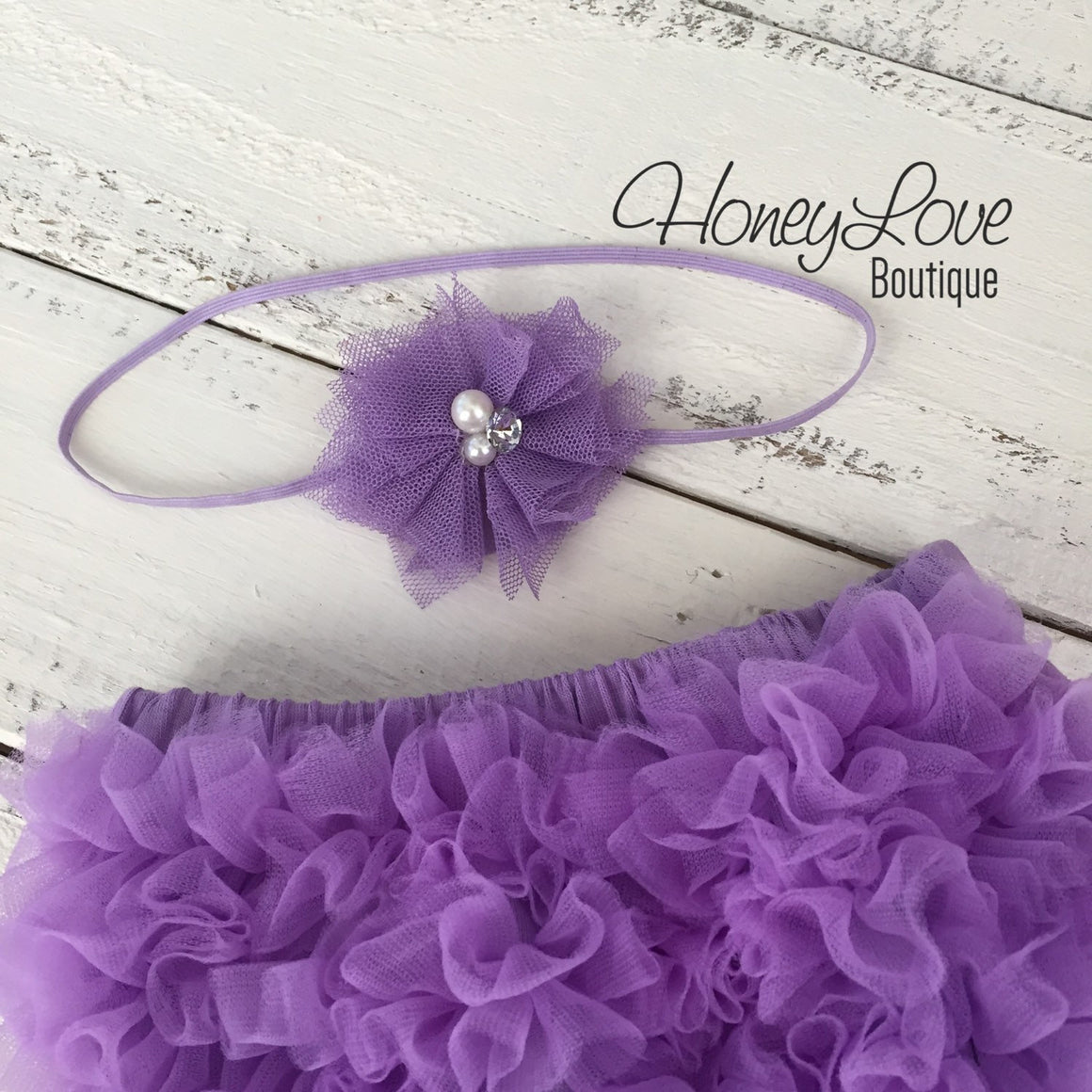Lavender Purple ruffle bottom bloomer and tulle skinny headband - HoneyLoveBoutique