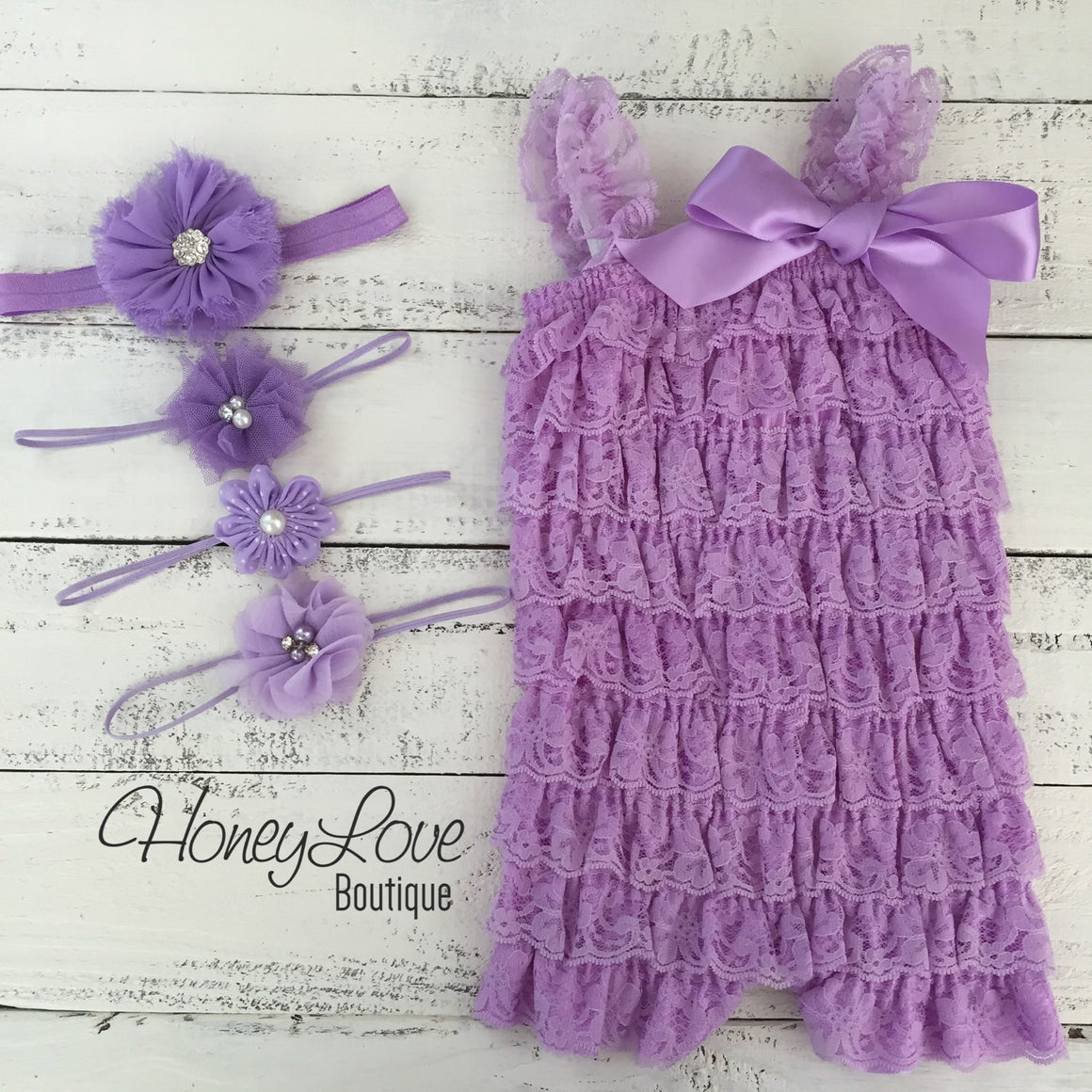 Lace Petti Romper Lavender Purple and matching headband - HoneyLoveBoutique