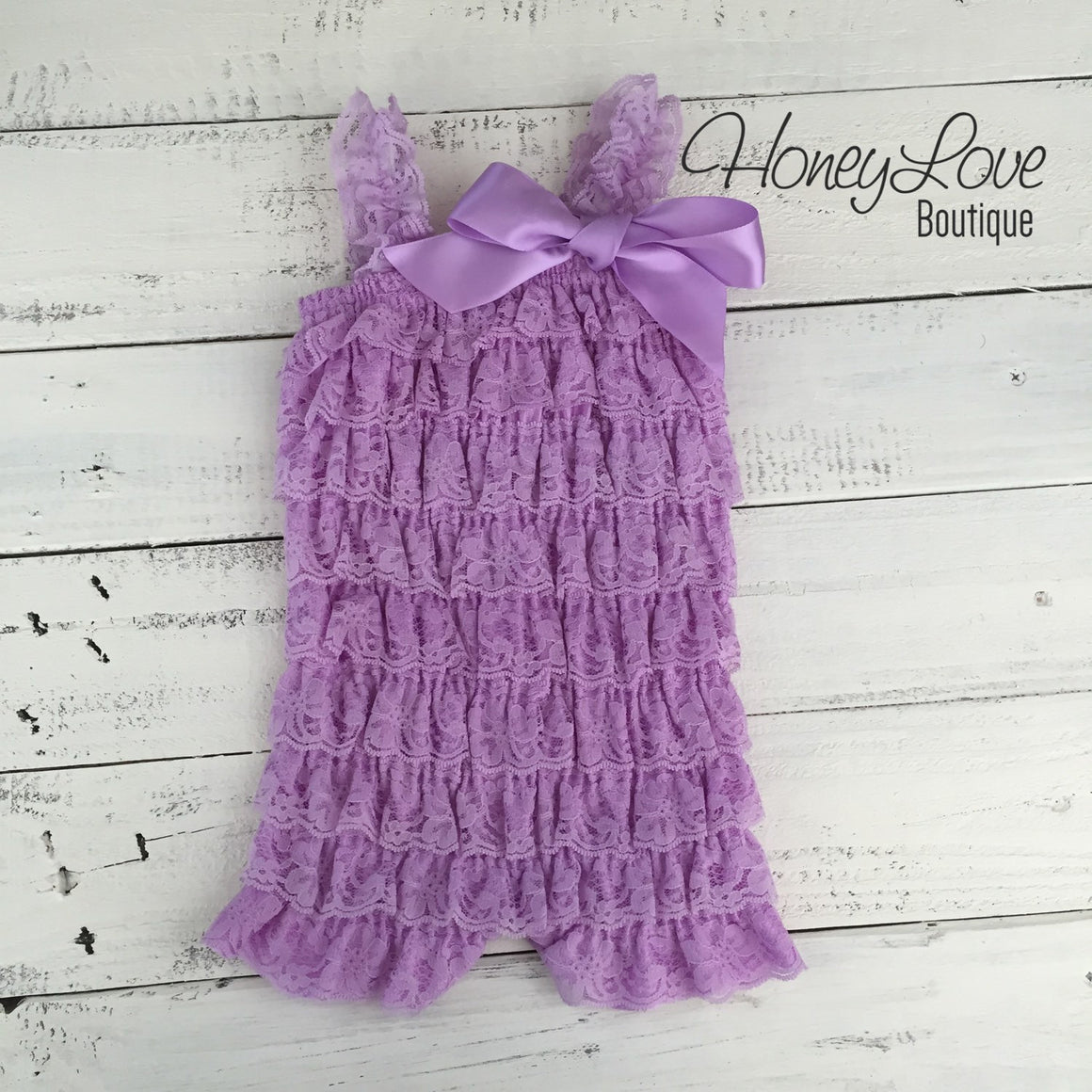 Lace Petti Romper Lavender Purple and matching headband - HoneyLoveBoutique