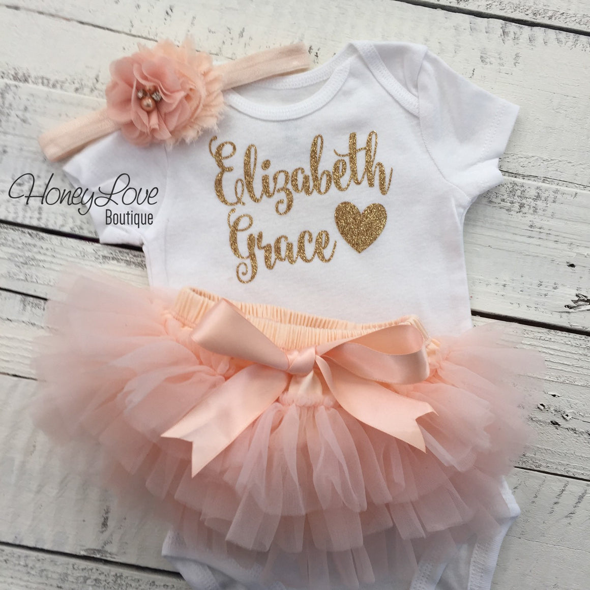 PERSONALIZED Name Outfit - Gold Glitter and Peach - HoneyLoveBoutique