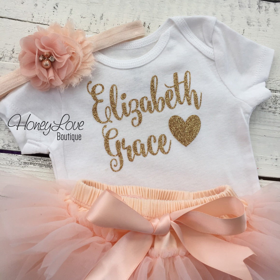 PERSONALIZED Name Outfit - Gold Glitter and Peach - HoneyLoveBoutique