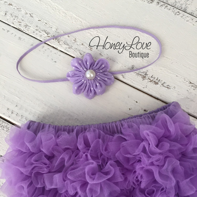 Lavender Purple ruffle bottom bloomer and polka dot flower/skinny headband - HoneyLoveBoutique