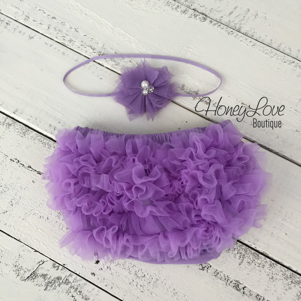 Lavender Purple ruffle bottom bloomer and tulle skinny headband - HoneyLoveBoutique